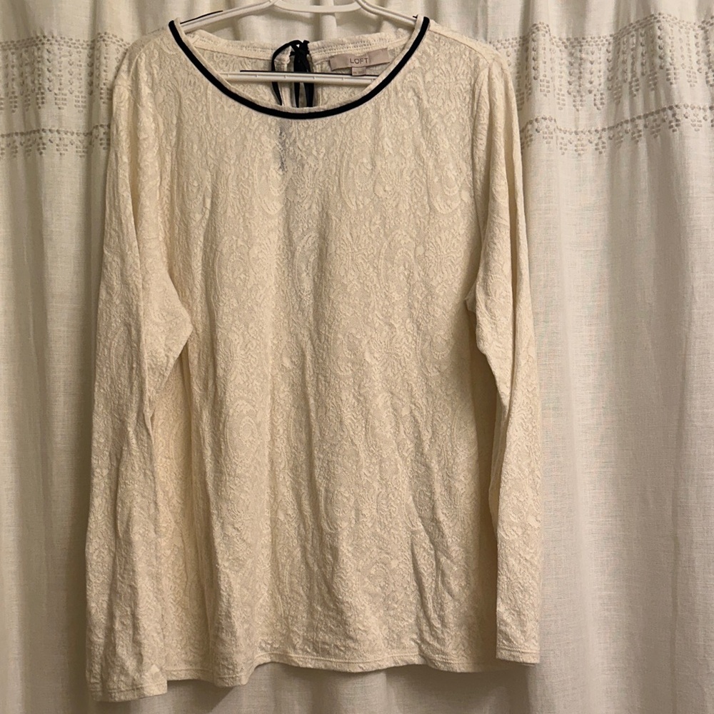 LOFT Cream Lace Long Sleeve Top with Black Trim Detail
